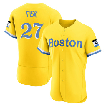 Carlton Fisk Men's Authentic Boston Red Sox Gold/Light Blue 2021 City Connect Jersey