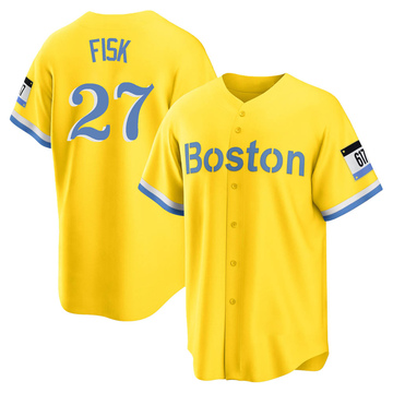 Carlton Fisk Youth Replica Boston Red Sox Gold/Light Blue 2021 City Connect Player Jersey