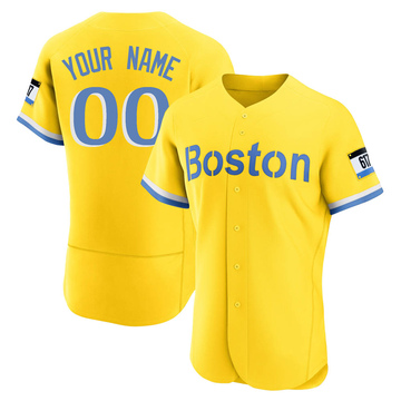 Custom Men's Authentic Boston Red Sox Gold/Light Blue 2021 City Connect Jersey